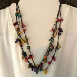 Gorgeous Handmade Multicolor Square & Ball Wooden Beaded Statement Necklace NWT